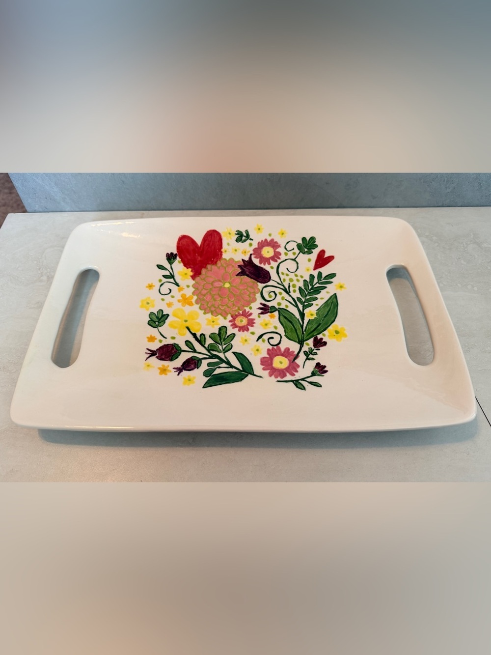 Hand Painted Flowers And Love Large Rectangular Serving Platter 13”x8”